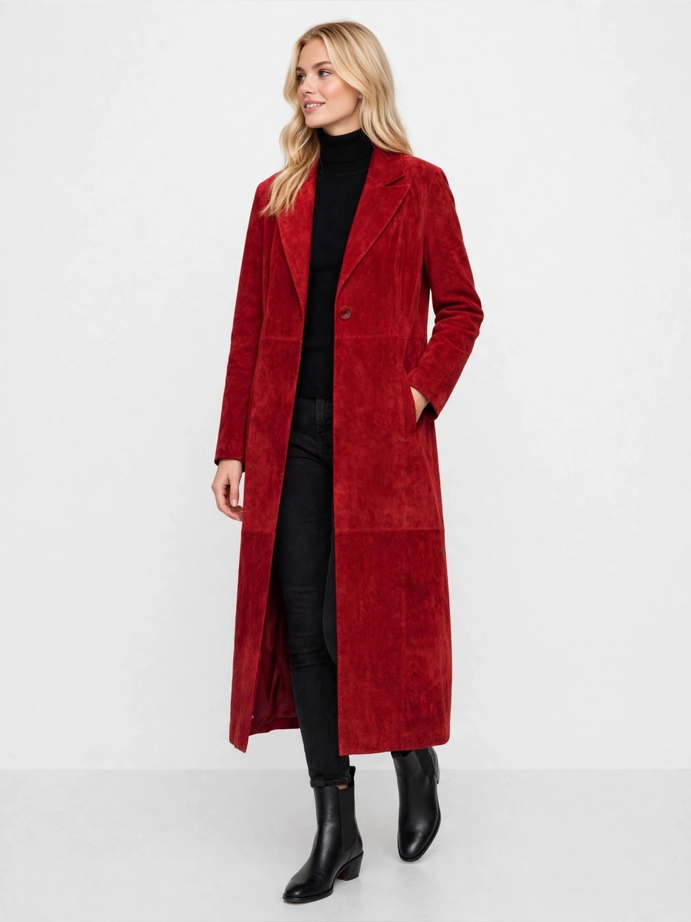 Bernardo Long Red Suede leather Trench Coat